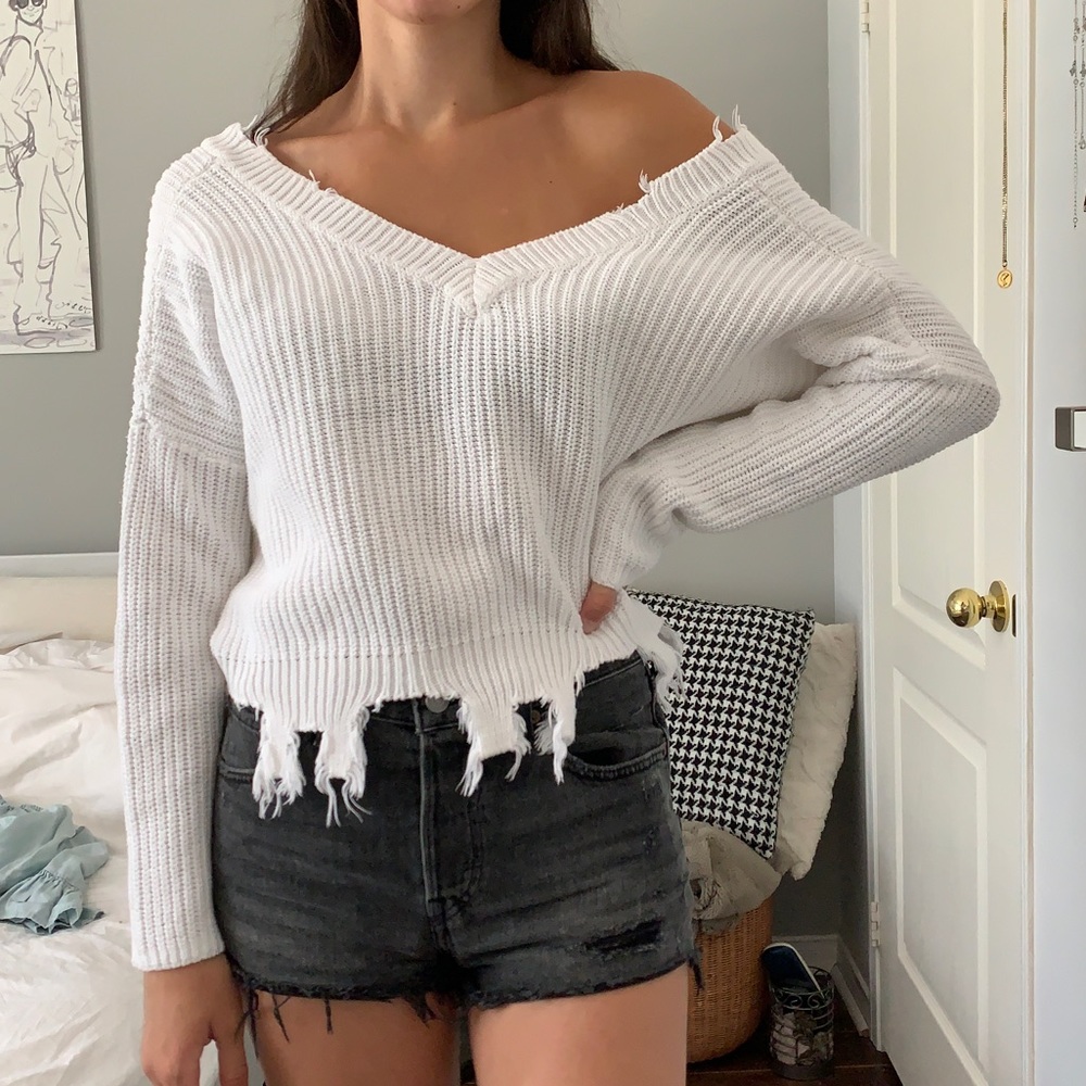 Distressed white F21 sweater